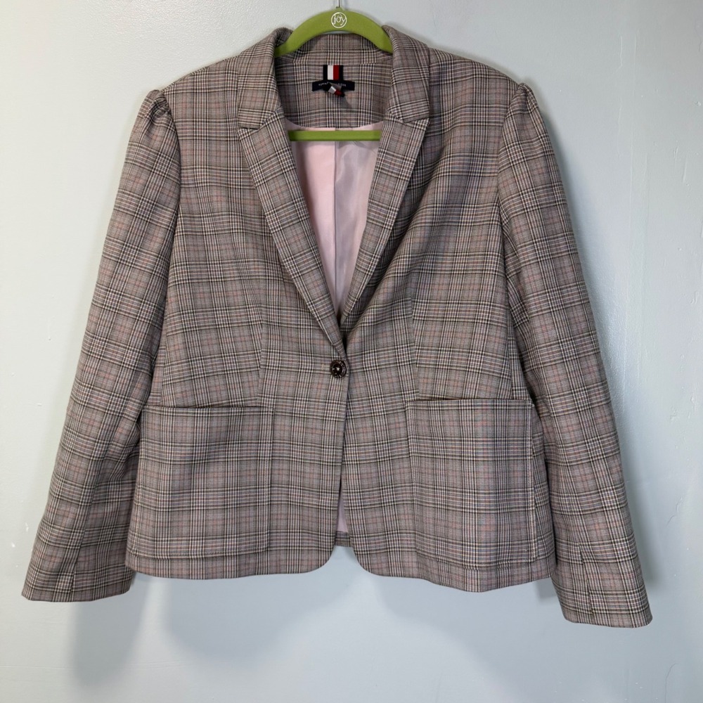 Tommy Hilfiger Womens Pink Glen Plaid Single Button Blazer Jacket Size‎ 16